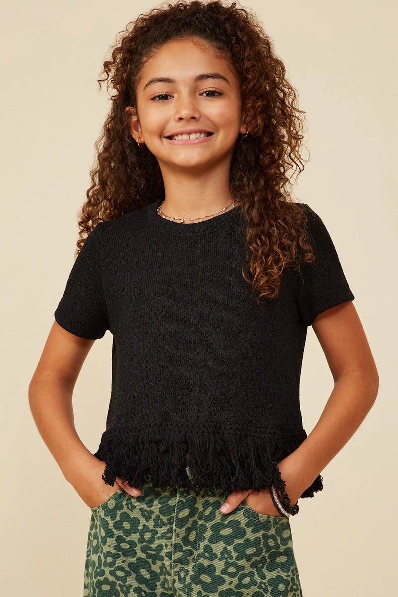 Fringed Tassel Knit Top- Black