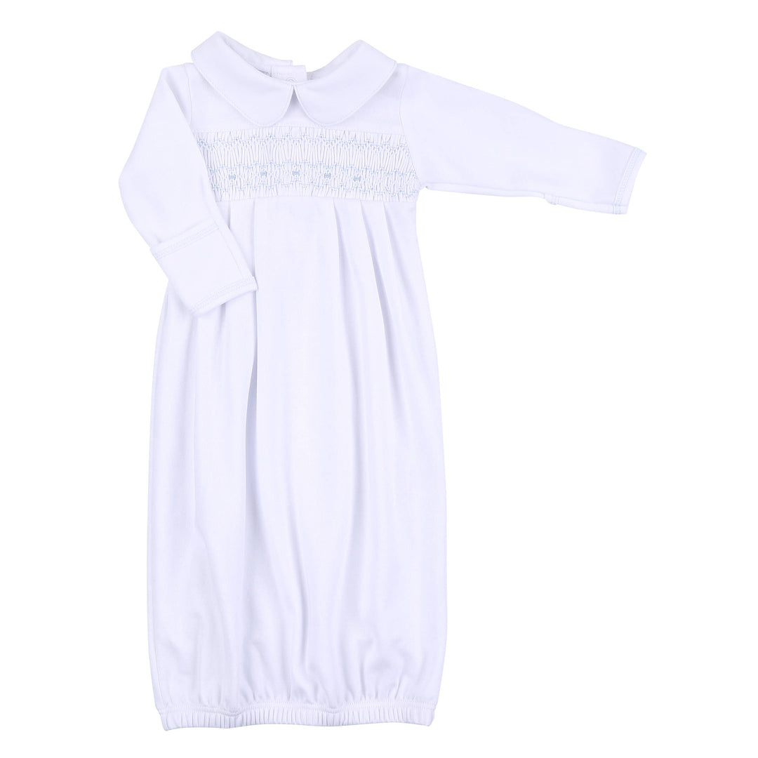 Alice and Andrew Blue Smocked Collared Pleated Gown