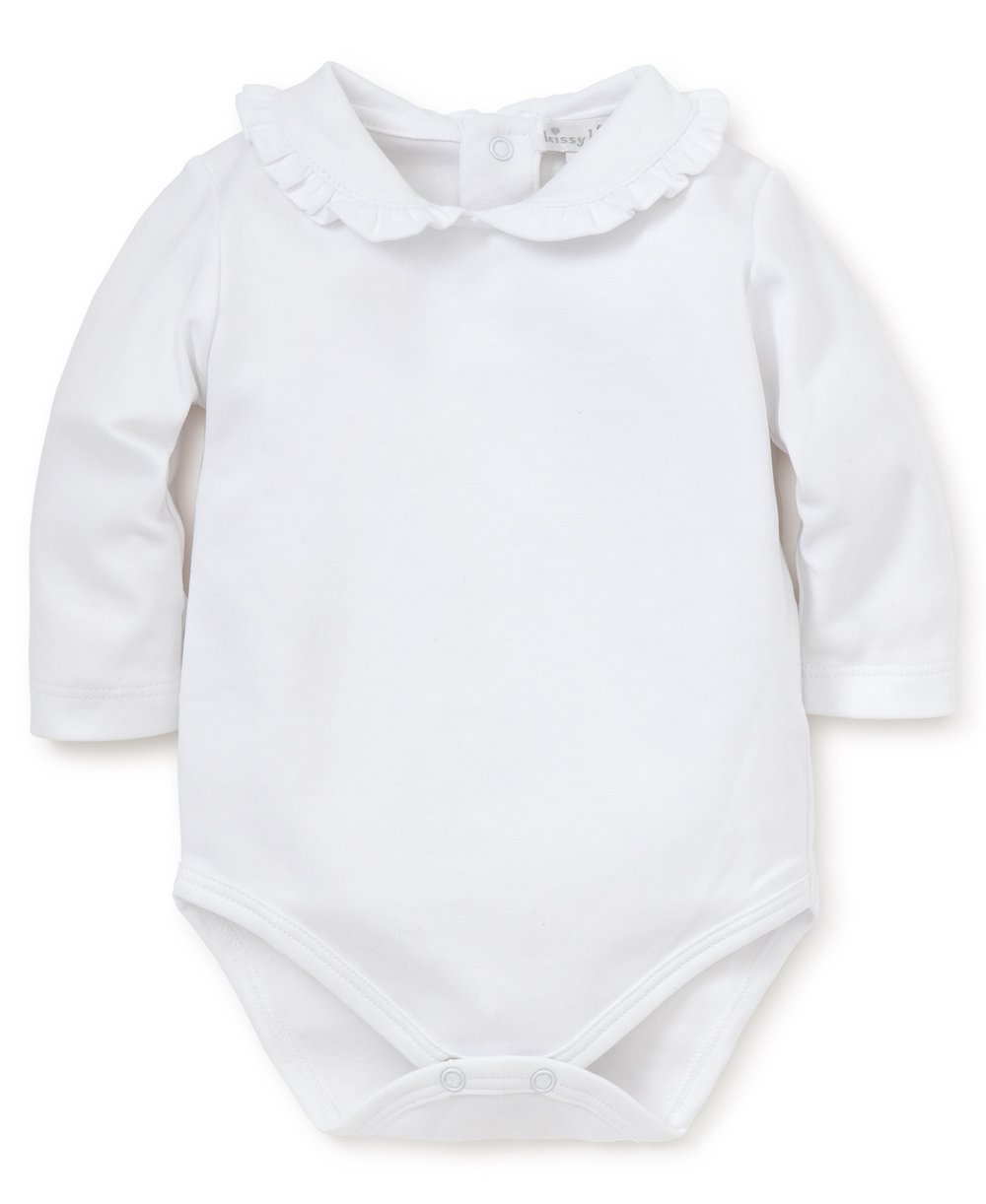 White Knit Girls Long Sleeve Ruffle Collar Onesie
