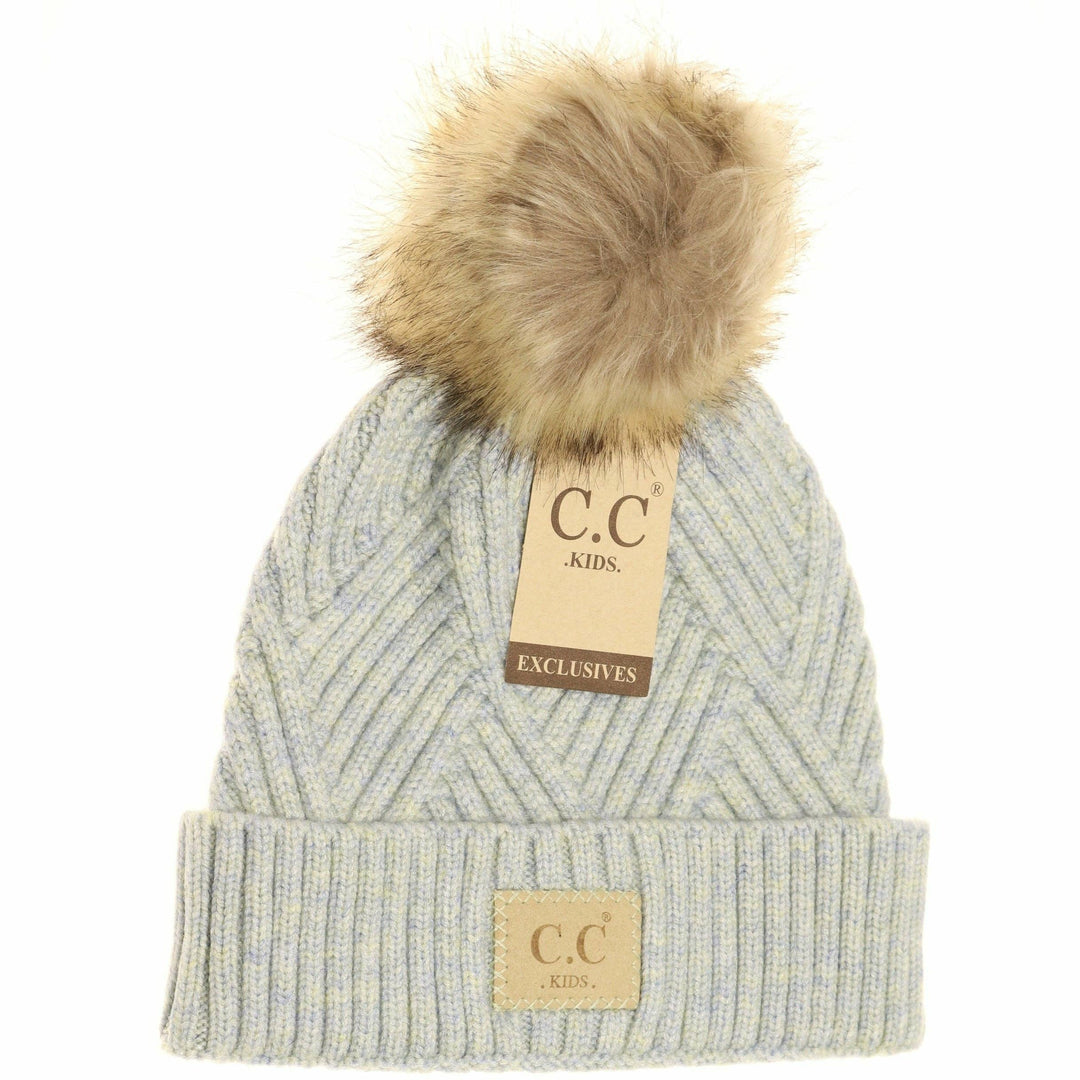 KIDS Heathered Pastel Blue Fur Pom Beanie