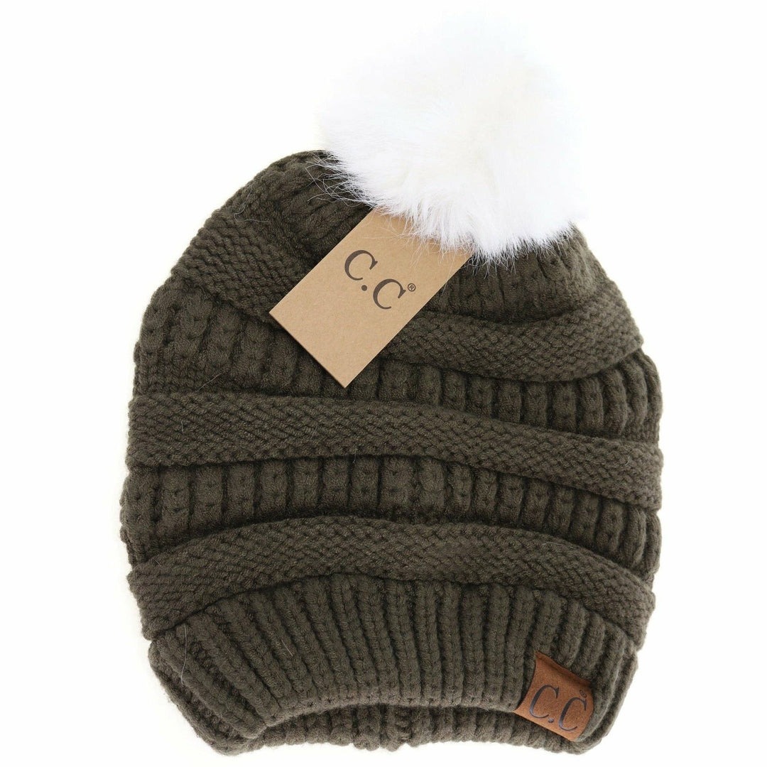 Olive/White Super Soft Fur Pom C.C Beanie