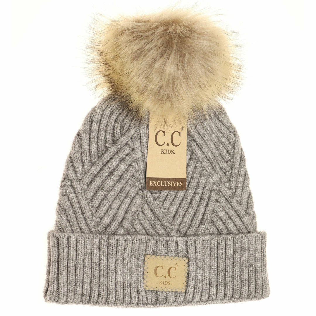KIDS Heathered Lt. Grey Fur Pom Beanie