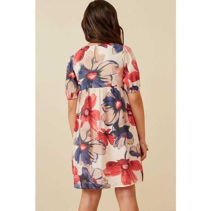 Textured Watercolor Floral Puff Sleeve Dress