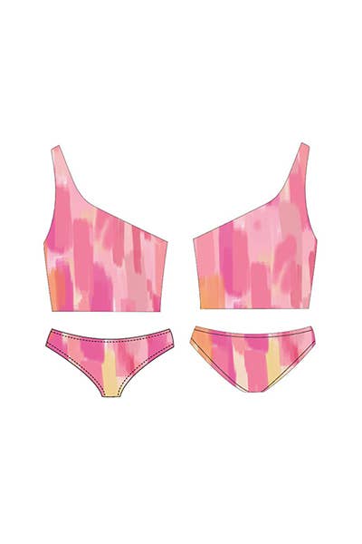 One Shoulder Tankini- Multi-Pink Print