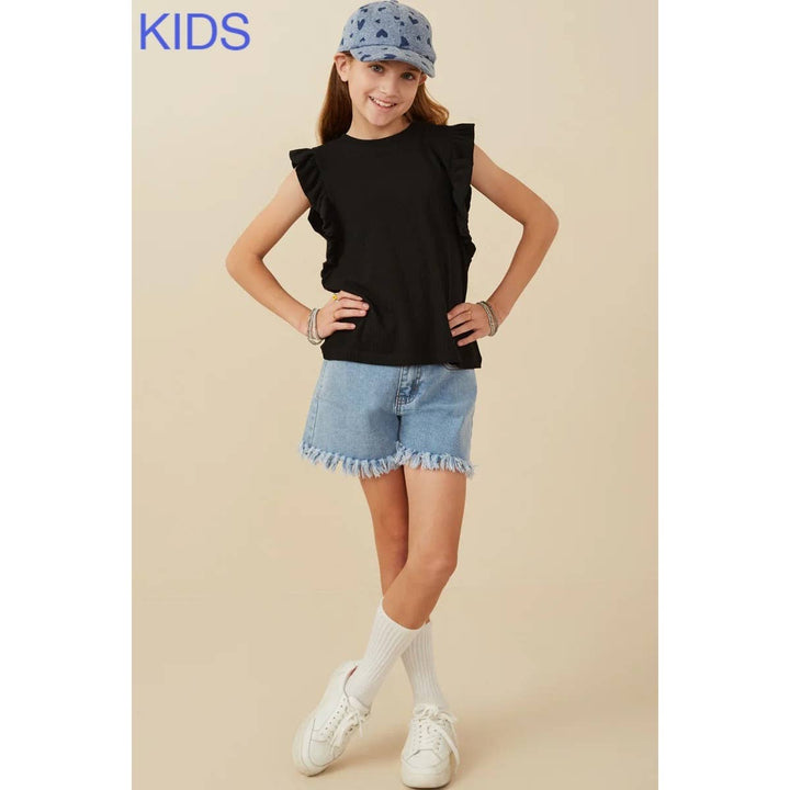 Ribbed Ruffled Detail Knit Tank: BLACK