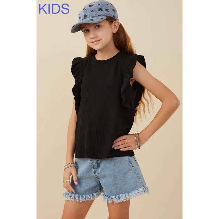 Ribbed Ruffled Detail Knit Tank: BLACK