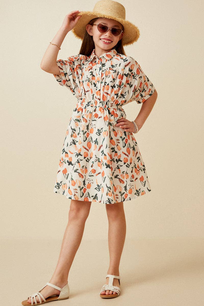 Tulip Print Dolman Sleeve Collared Dress