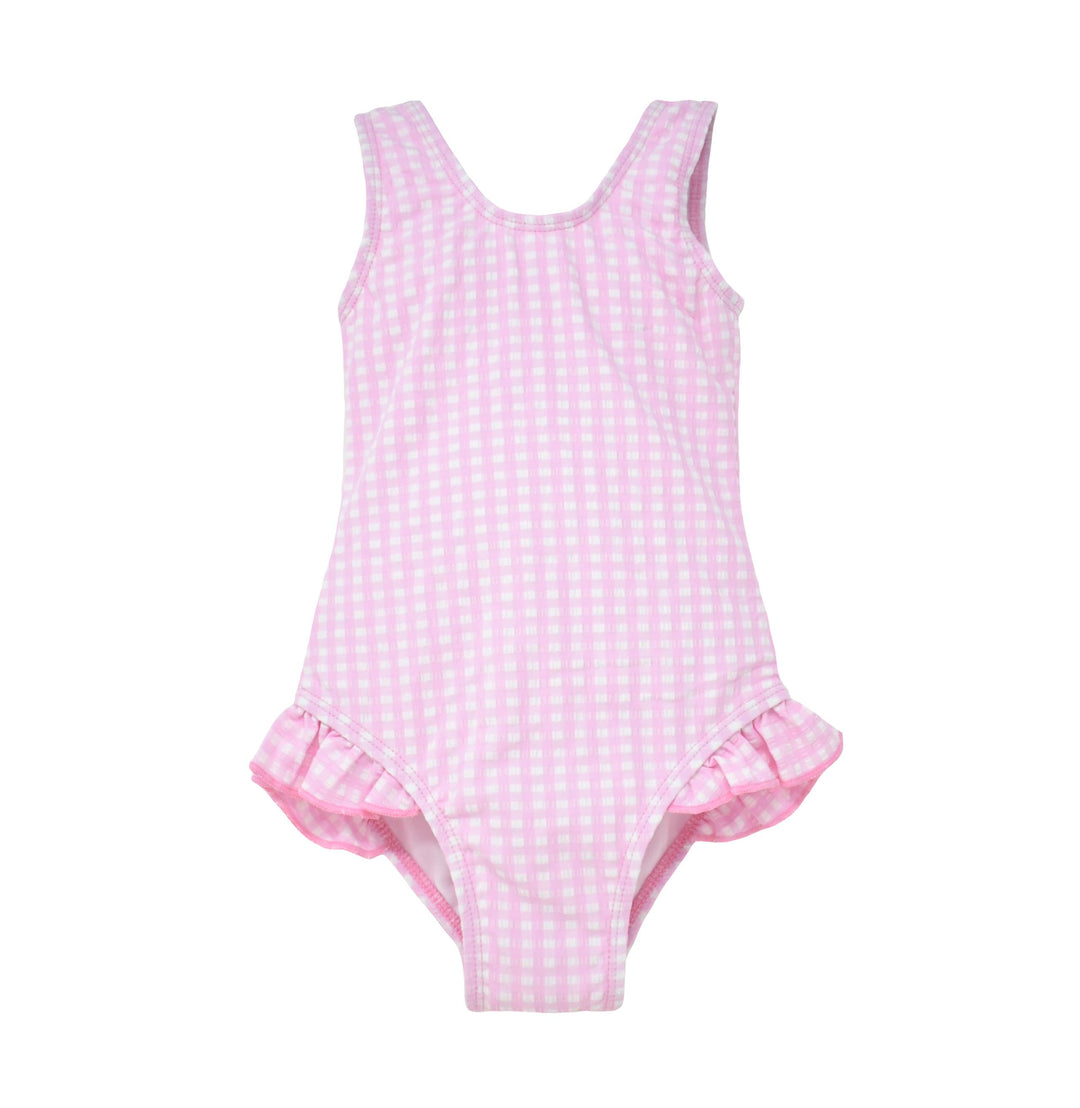 UPF50+ Delaney Hip Ruffle Swimsuit- Pink Gingham Seersucker