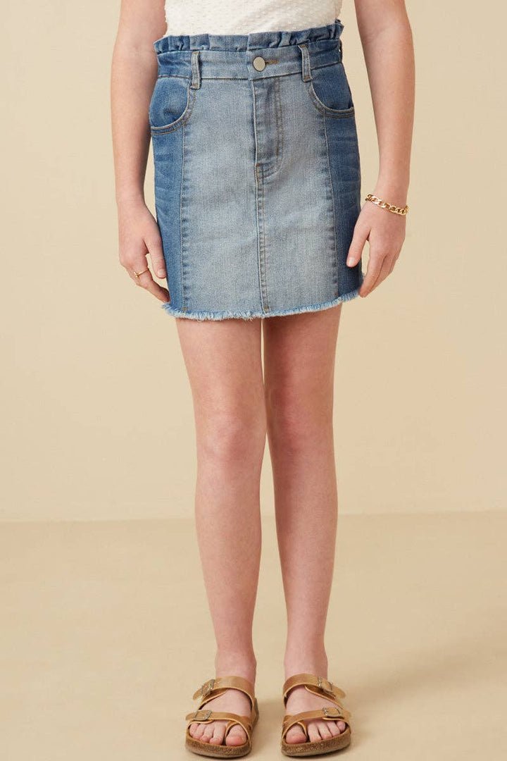 Paperbag Waist Washed Panel Denim Skirt