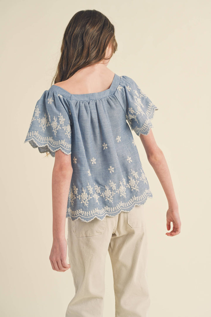 Tween Flutter Sleeve Embroidered Top