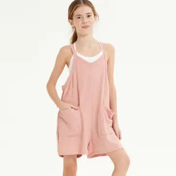 Two Pocket Cotton Overall Romper - Dusty Pink