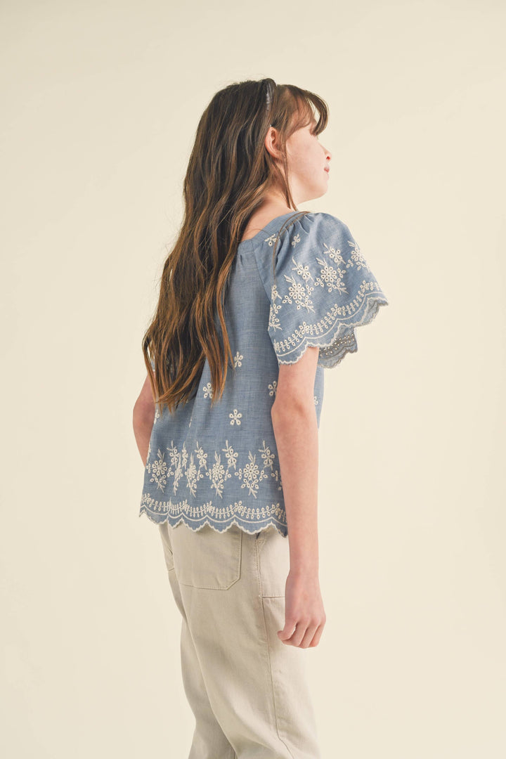 Tween Flutter Sleeve Embroidered Top