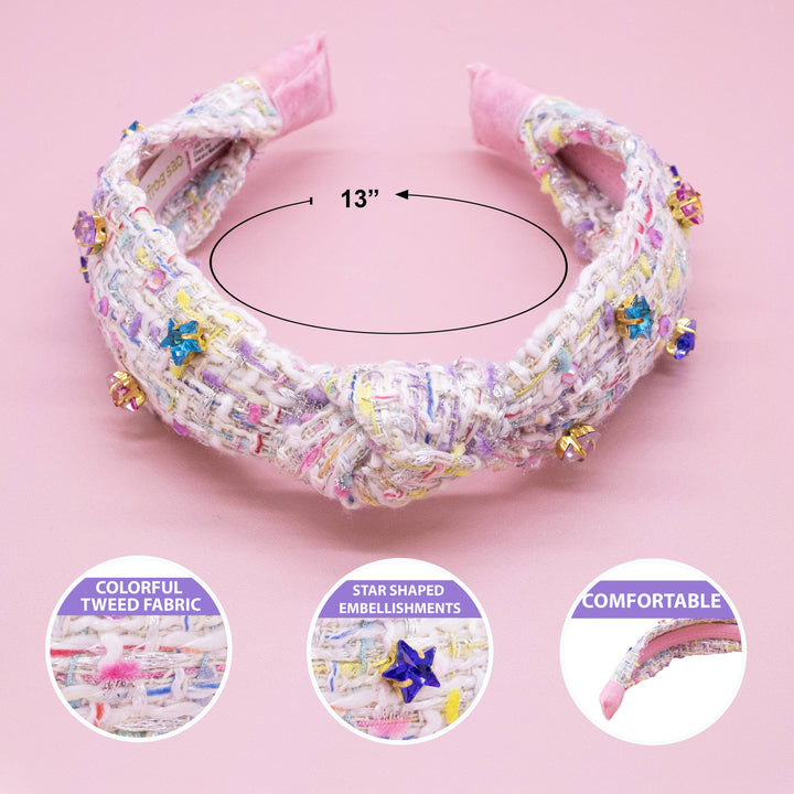 Embellished Knot Headband - Tweed Star Rhinestone Charms