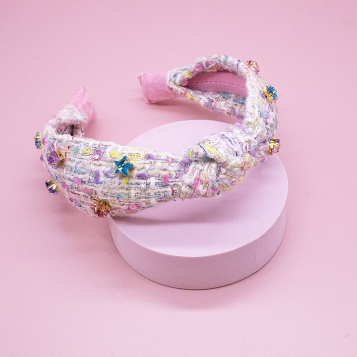 Embellished Knot Headband - Tweed Star Rhinestone Charms