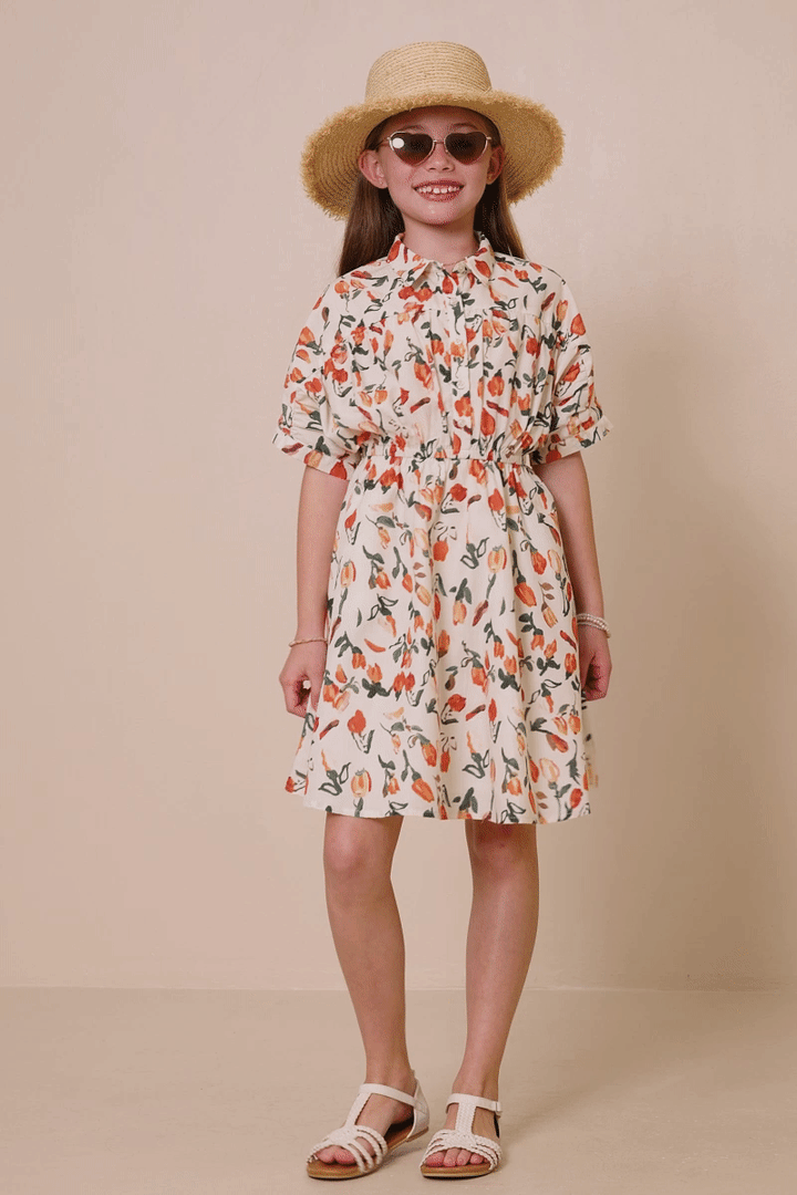 Tulip Print Dolman Sleeve Collared Dress