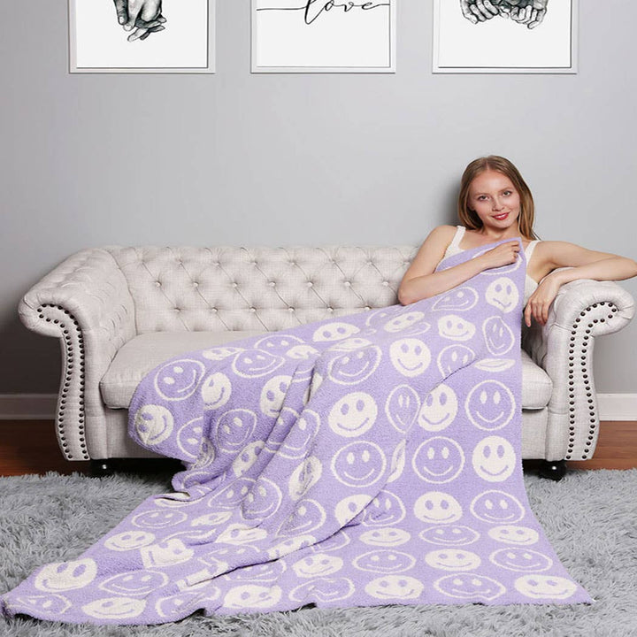 Happy Face Patterned Throw Blanket: Lavender