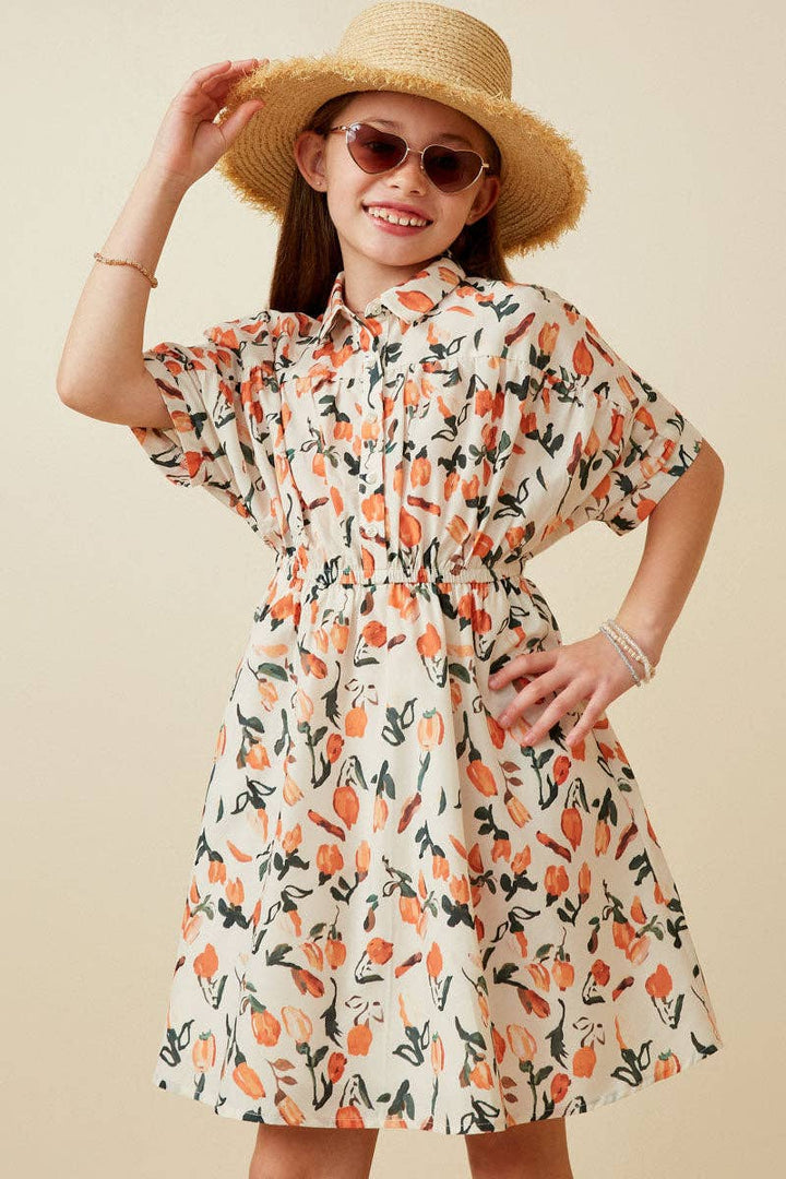 Tulip Print Dolman Sleeve Collared Dress