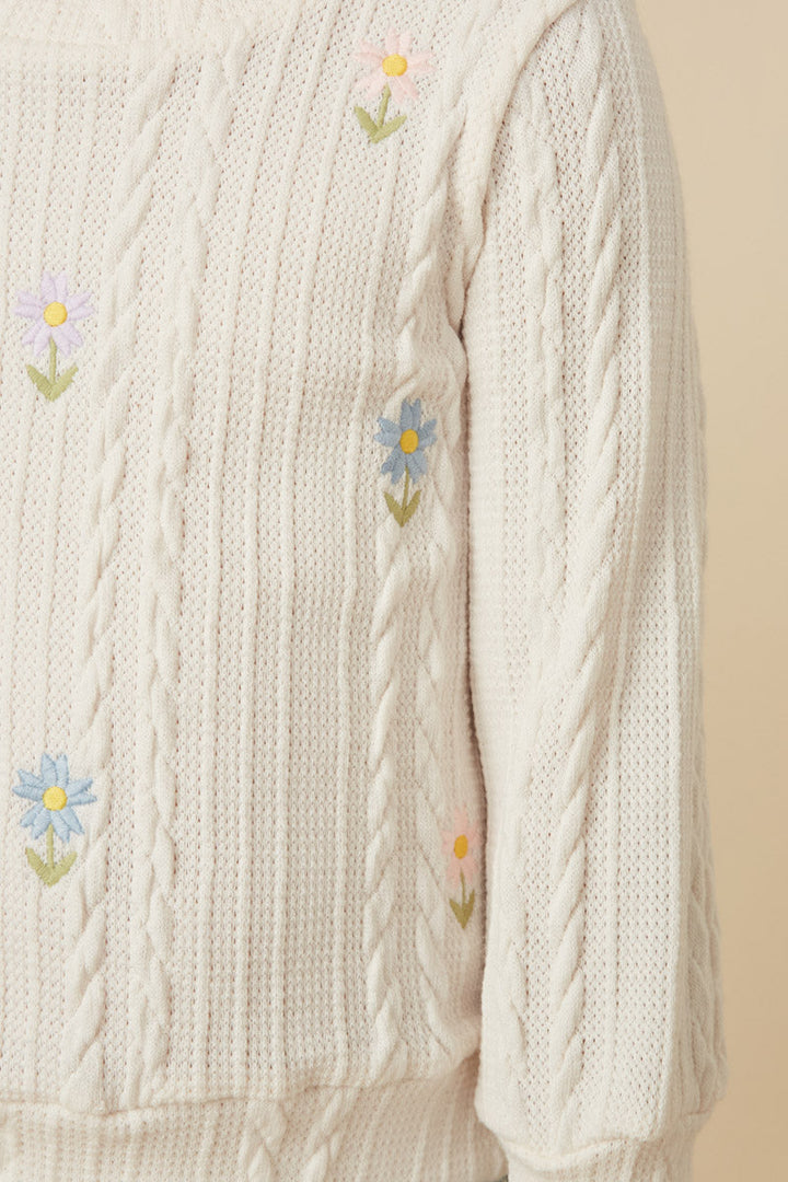 Cable Knit Floral Embroidered Sweater