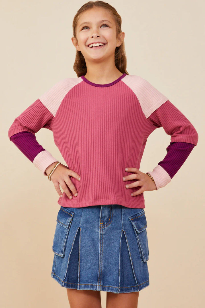 Color Block Ribbed Knit L/S Top-Pink mix