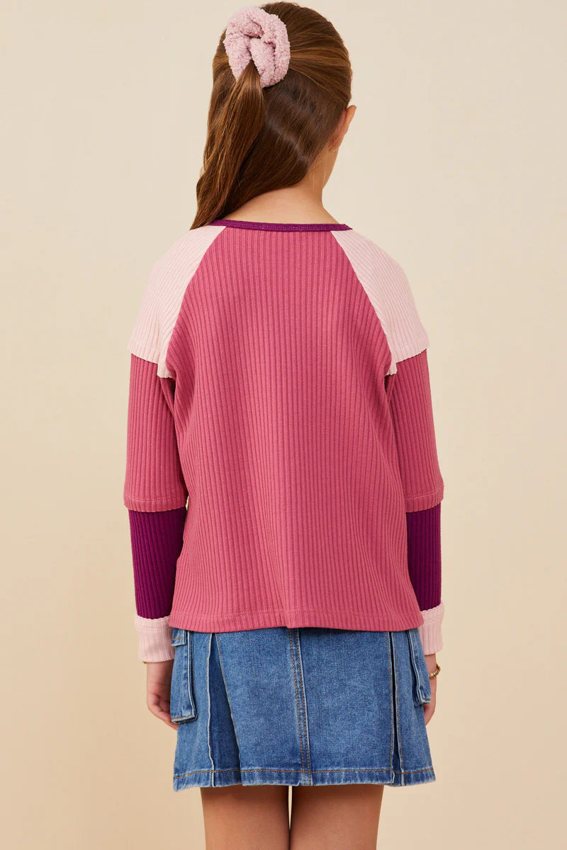 Color Block Ribbed Knit L/S Top-Pink mix