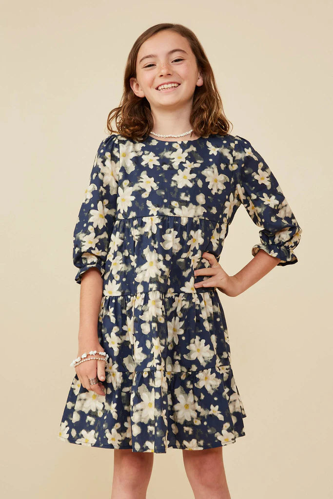 Savvy Floral Tiered Dress- Navy