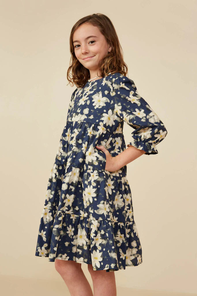 Savvy Floral Tiered Dress- Navy