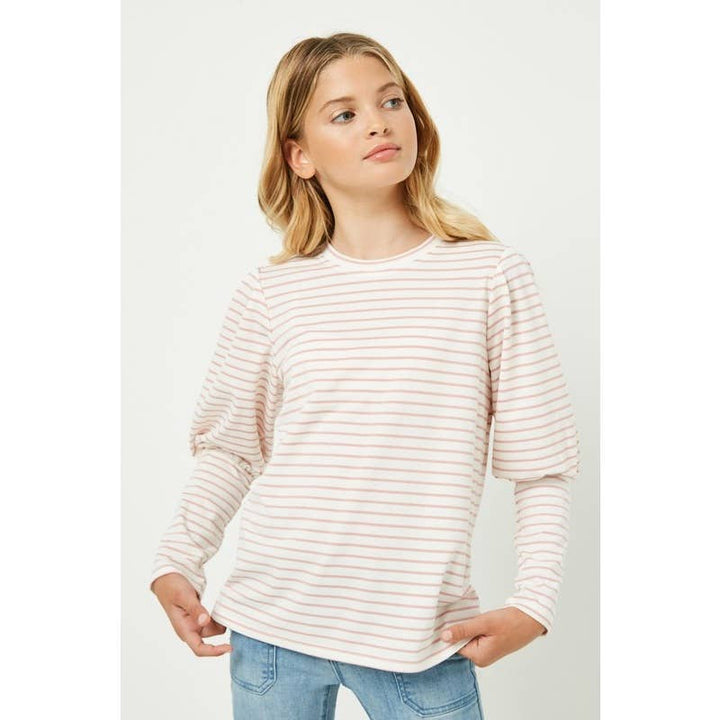 Puff Shoulder Striped Long Sleeve Tee- Off White