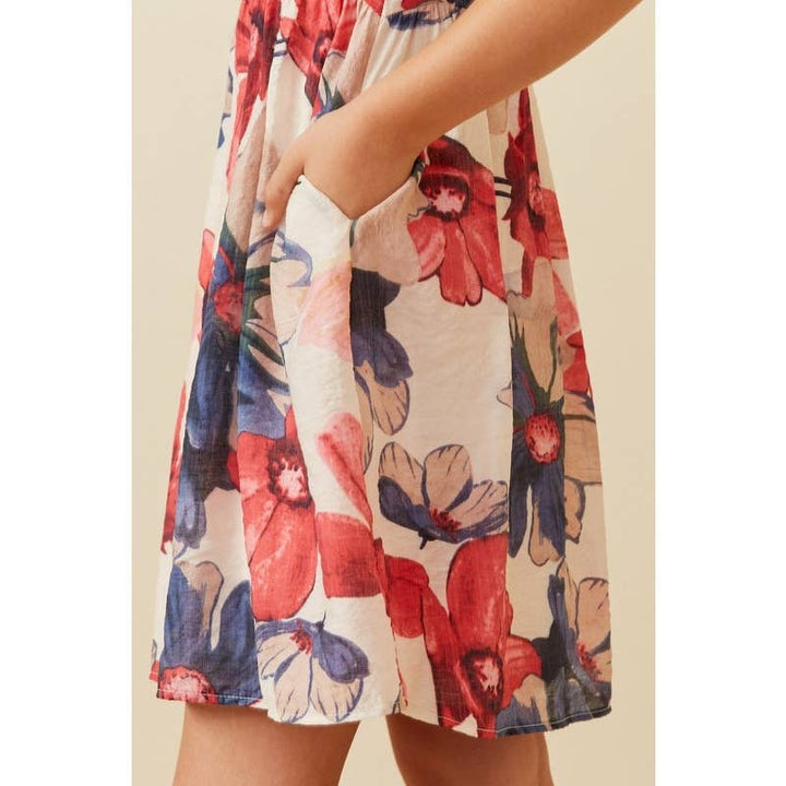 Textured Watercolor Floral Puff Sleeve Dress