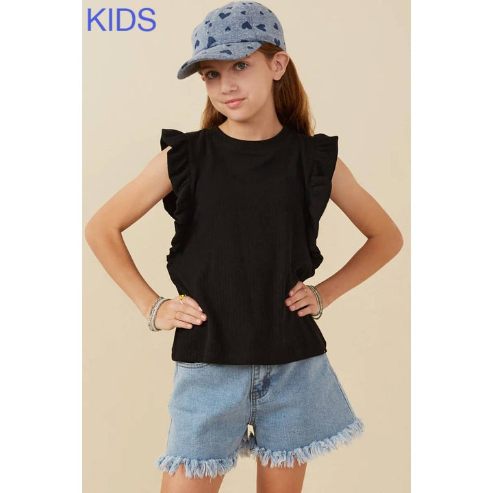 Ribbed Ruffled Detail Knit Tank: BLACK