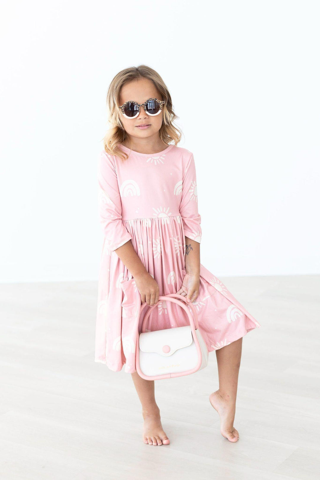 Soft Pink Sun 3/4 Sleeve Pocket Twirl Dress