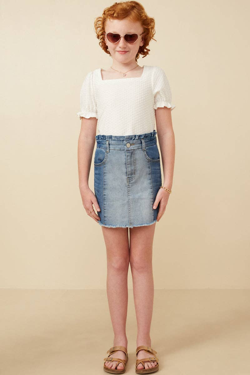 Paperbag Waist Washed Panel Denim Skirt