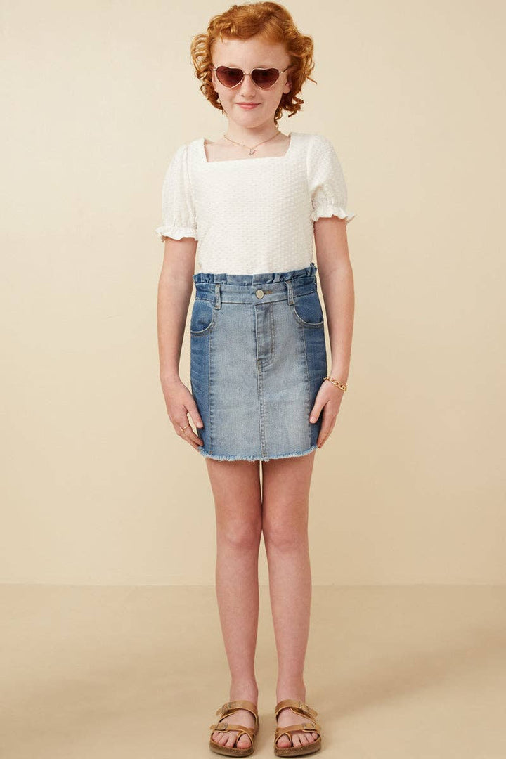 Paperbag Waist Washed Panel Denim Skirt