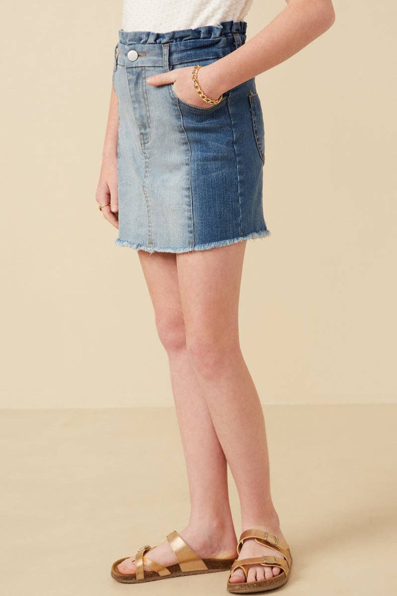 Paperbag Waist Washed Panel Denim Skirt