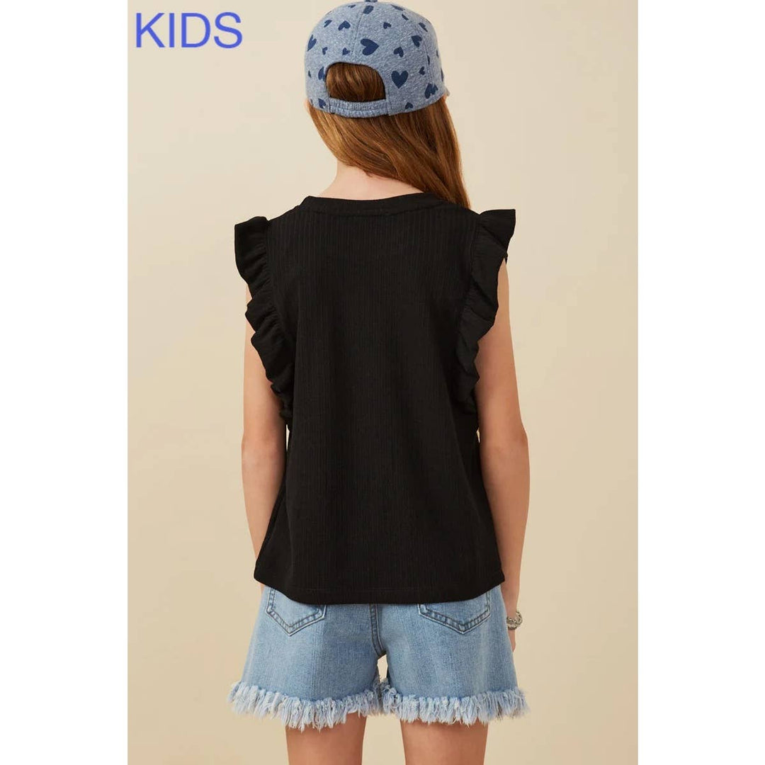 Ribbed Ruffled Detail Knit Tank: BLACK