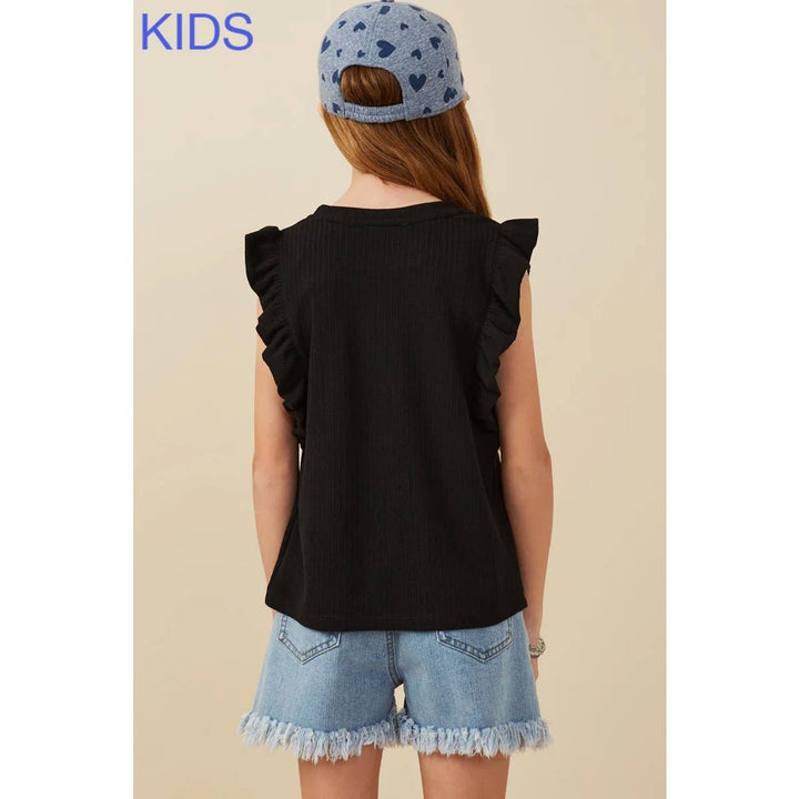 Ribbed Ruffled Detail Knit Tank: BLACK