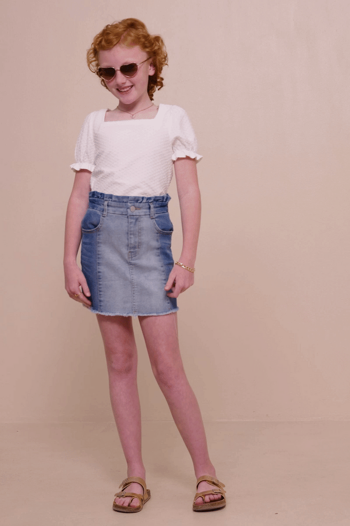 Paperbag Waist Washed Panel Denim Skirt