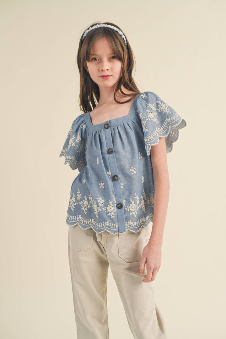 Tween Flutter Sleeve Embroidered Top