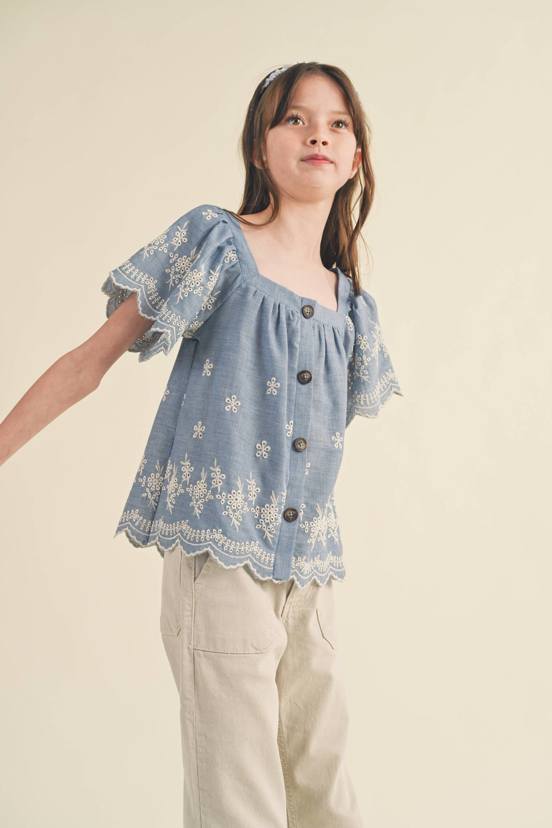 Tween Flutter Sleeve Embroidered Top