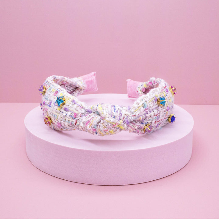 Embellished Knot Headband - Tweed Star Rhinestone Charms