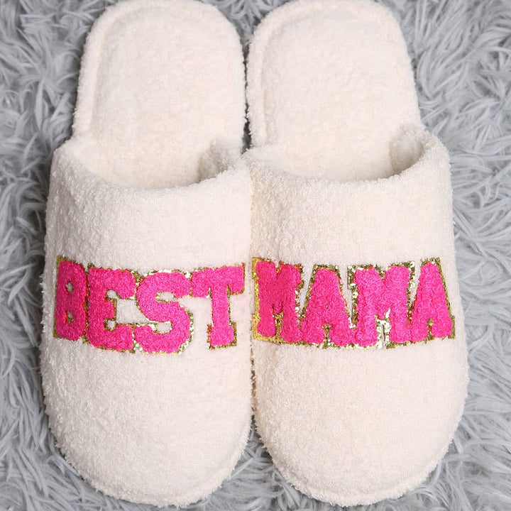 BEST MAMA Chenille Patched Home Slippers: M/L / WHITE