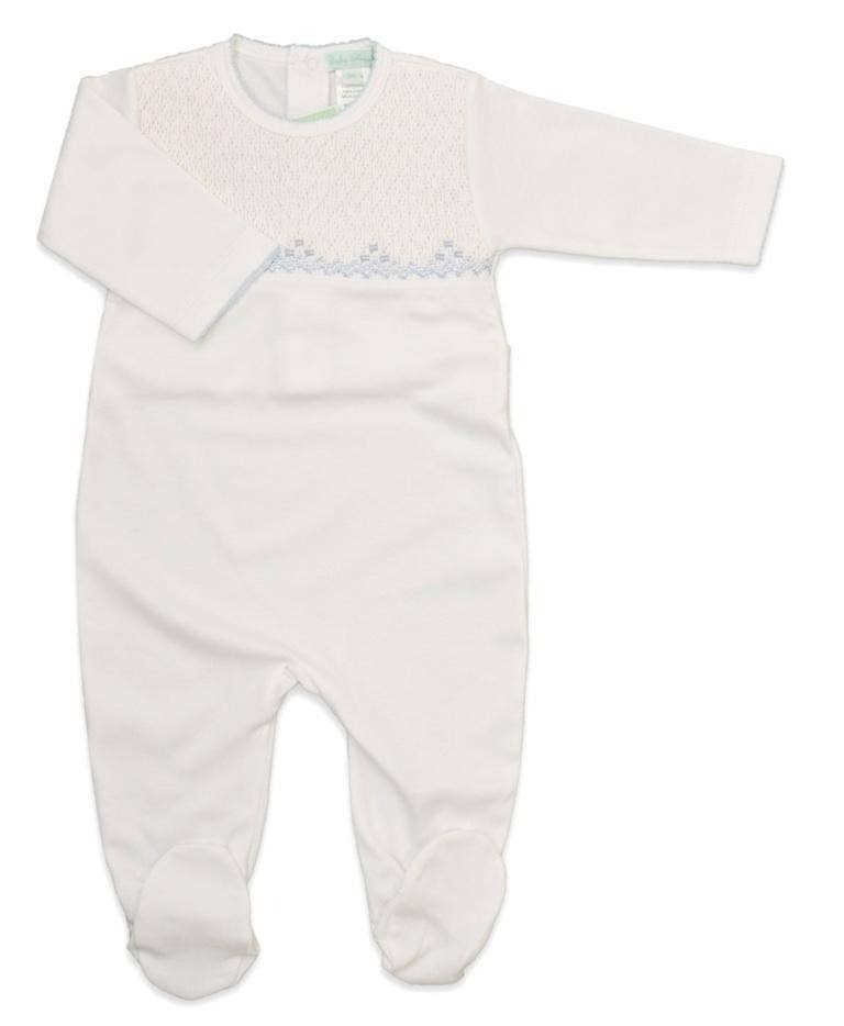 White And Blue Pima Cotton Boy Smocked Baby Footie