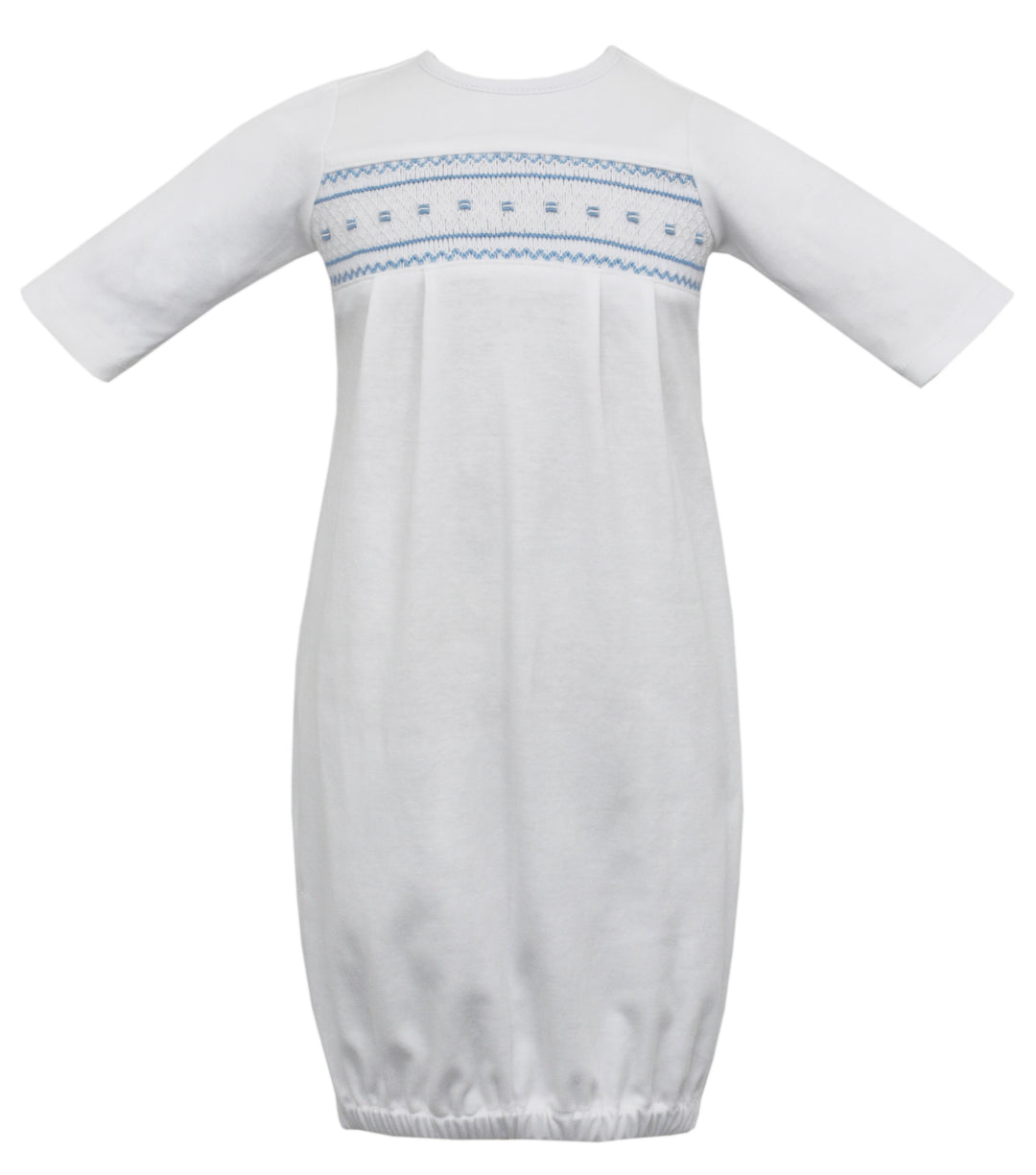 Boy's Gown- White Knit With Blue Geometric Smocking