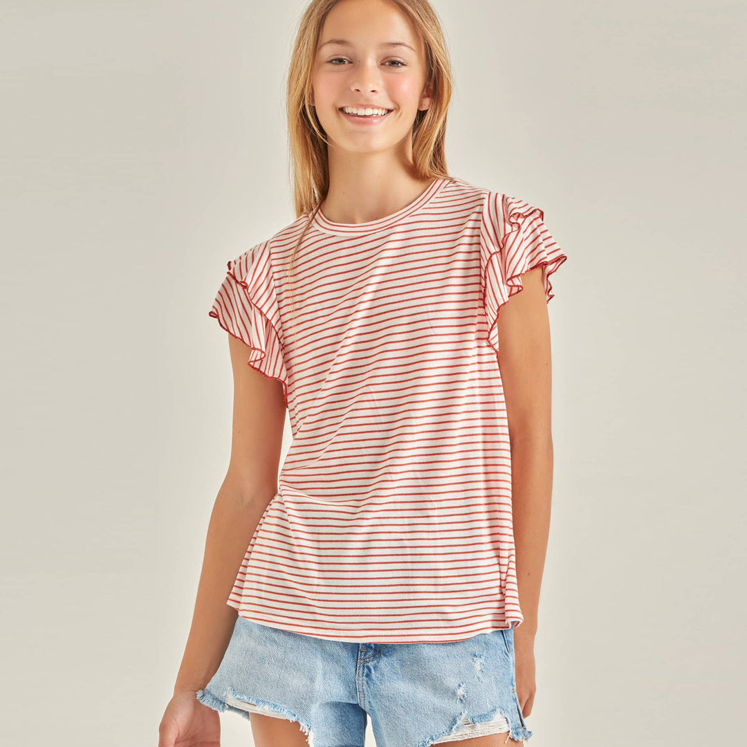 Red Stripe Tiered Flutter Sleeves Knit Top
