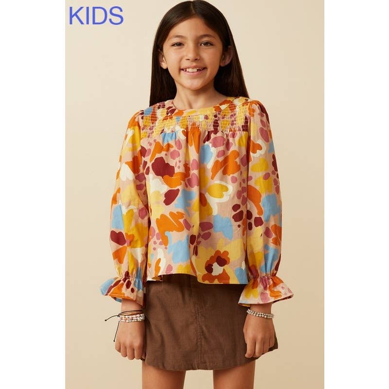 Girls Abstract Floral Smocked Yoke Top
