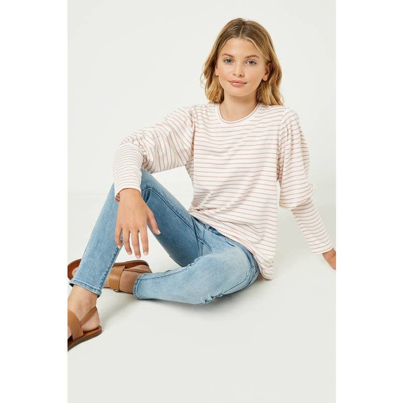 Puff Shoulder Striped Long Sleeve Tee- Off White