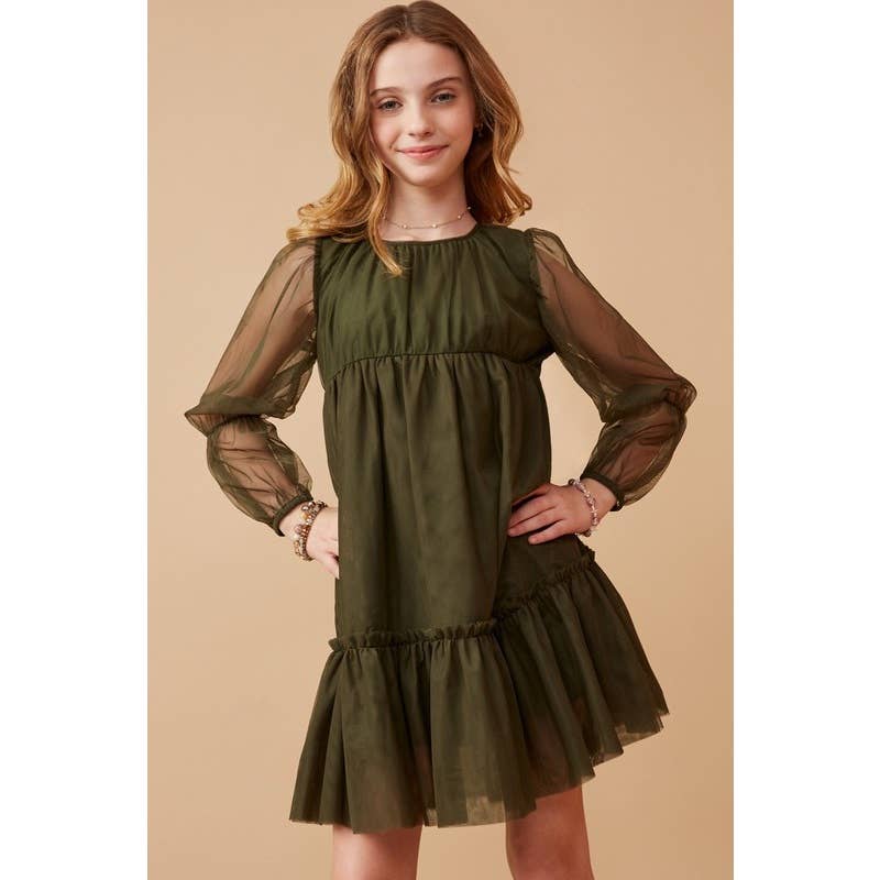 Tiered Mesh Dress-Olive