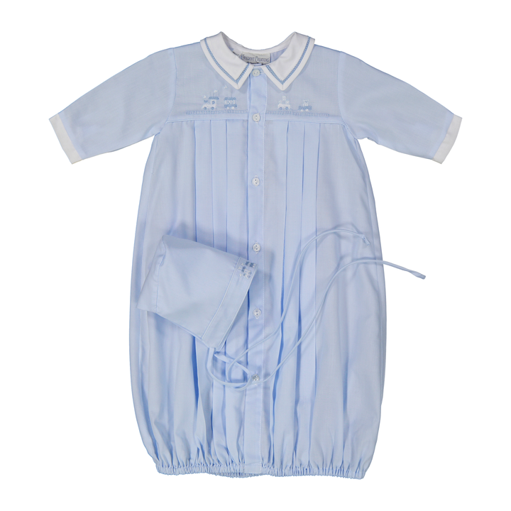 Train Pleated Take Me Home Gown + Hat